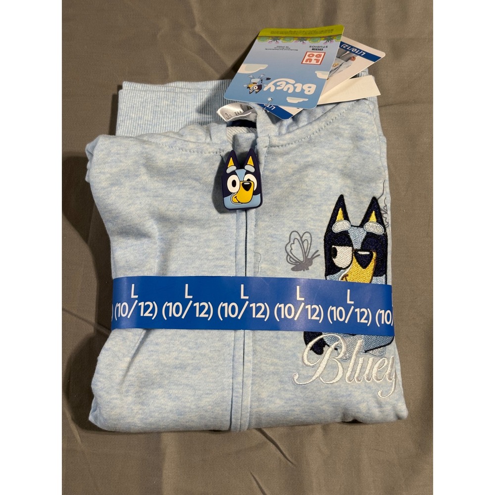 Bluey Character Kid Jacket Light Blue Zip Up Hoodie Embroidered Size L 10/12 NWT